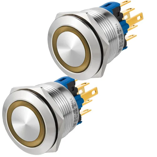 Vista 25 de 2 interruptores de botón de cierre de 0.866 in, 7/8 pulgadas, 110 V-120 V, SPDT, interruptor de encendido y apagado, impermeable, IP67, acero Azul