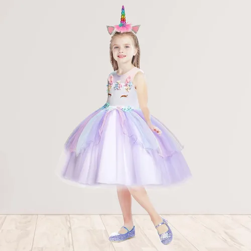 Vista 6 de Vestido de disfraz de unicornio para niñas pequeñas diadema de unicornio concurso cumpleaños princesa tutú con accesorios