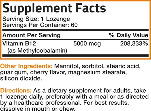 Vista 6 de Bronson Metil B12 5000 mcg Vitamina B12 Metilcobalamina Energía y Apoyo Cerebral 60 Pastillas