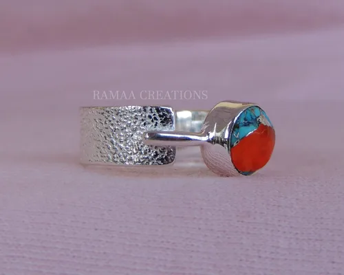 Vista 4 de Spiny Oyster Copper Turquoise Ring Handmade Round Turquoise Silver Ring Statement Handmade Jewelry Sterling Silver 925