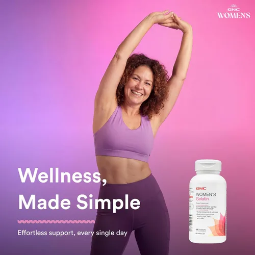 Vista 5 de GNC Suplemento de gelatina para mujer, apoya la salud del cabello, la piel y las uñas, fuente natural de colágeno, 60 cápsulas