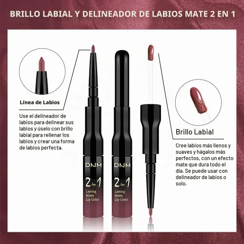 Vista 3 de evpct Juego de 1 delineador de labios mate y lápiz labial líquido rojo-marrón para mujer, delineador de labios rojo-marrón de larga duración