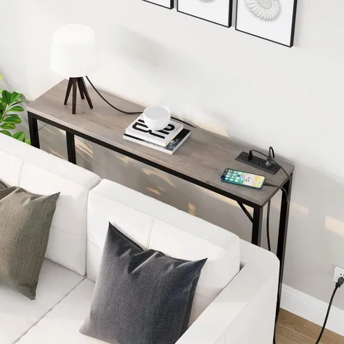 Vista 5 de GAOMON Mesa consola con tomas de corriente y puertos USB, mesa de sofá estrecha con estación de carga, mesa de entrada industrial de 39.3 pulgadas