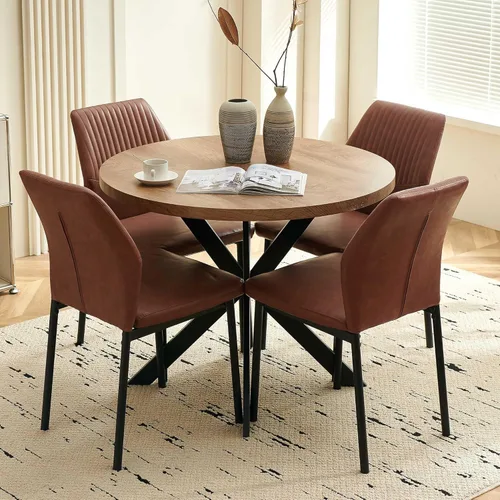 Vista 37 de Juego de mesa de comedor para 4, mesa de comedor rectangular irregular de madera moderna, sillas de comedor de cuero, 4 mesas y sillas, juego de 4