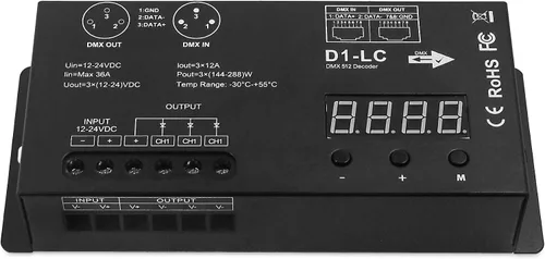 Vista 4 de Controlador LED DMX de alta potencia DMX 512 Decodificador Dimmer Driver DC12V-24V para tira led rgb o luces (1 canal de un solo color (actualizado))