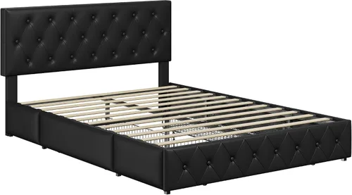 Vista 6 de Topeakmart Base de cama de plataforma tapizada tamaño Queen con cabecera ajustable en altura y 3 cajones de almacenamiento, base de colchón de piel