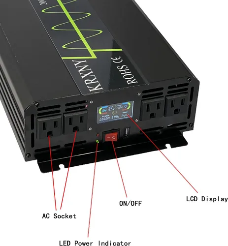 Vista 3 de Inversor de corriente 2000W 12V DC a 120V AC 60HZ onda sinusoidal pura con puerto USB pantalla LCD para RV/hogar solar