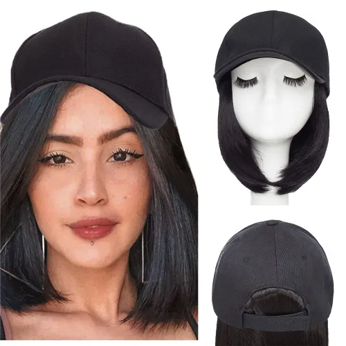 Vista 12 de Hairro Peluca de gorra de béisbol con cabello adjunto, corto estilo Bob ajustable, extensiones de cabello sintético para mujeres, balayage