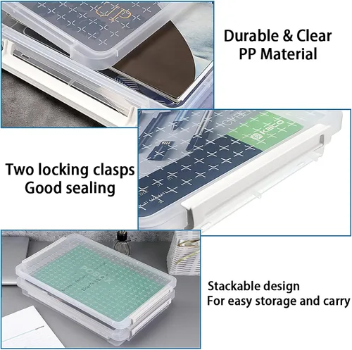 Vista 3 de BTSKY Paquete de 4 cajas de almacenamiento apilables de plástico transparente A4 Plus, contenedor de papel para revistas, con hebilla, accesorios