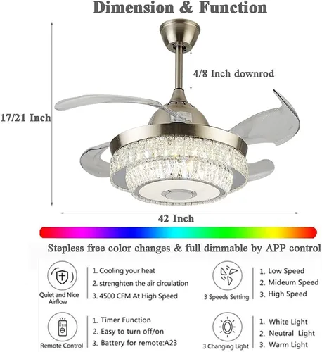 Vista 4 de Candelabros inteligentes de 42 pulgadas con Bluetooth, regulable, 7 cambios de color, lámpara LED de cristal retráctil con ventilador con control