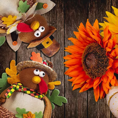 Vista 5 de Ogrmar Paquete de 2 muñecas de pavo de peluche de 15 pulgadas, decoración de mesa de Acción de Gracias, exquisita muñeca de felpa de pavo hecha a