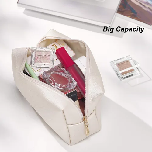 Vista 3 de Bolsa de cosméticos de piel sintética para mujer, bolsa de maquillaje minimalista para uso diario, bolsa de almacenamiento portátil, pequeña bolsa