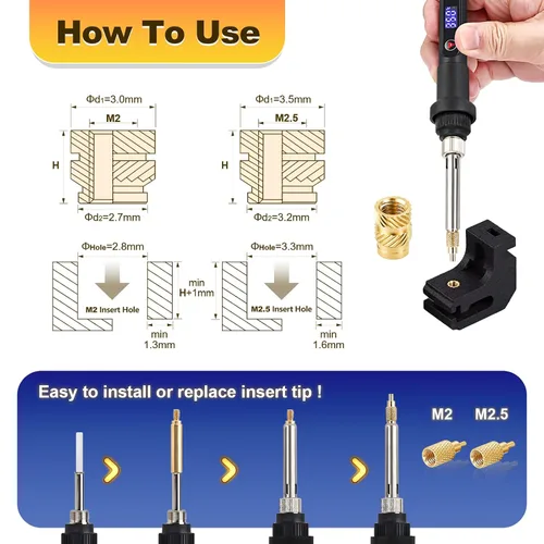 Vista 6 de 300 piezas de inserciones roscadas M2 M2.5 para plástico con puntas de ajuste térmico, kit de inserciones de ajuste térmico M2 y M2.5, inserciones