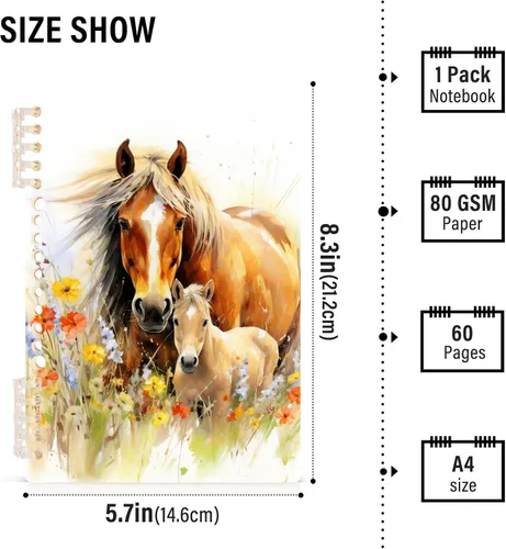 Vista 2 de senya Cuaderno de espiral a rayas, 2 unidades, diario de caballo entre flores, para estudio y notas, 60 páginas con tapa dura duradera