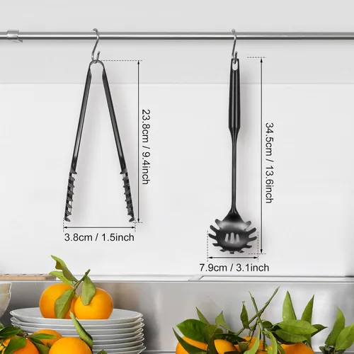 Vista 2 de Patelai Juego de cuchara de espagueti y pinzas para pasta, herramientas de servicio de fideos de mango largo con orificios de drenaje, agarre Negro
