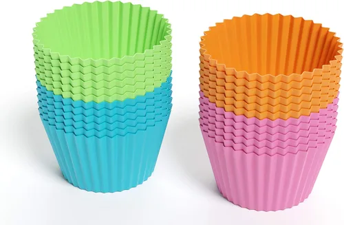 Vista 2 de Bakerpan Mini soportes de silicona para cupcakes, mini forros para cupcakes, tazas de pastelería y postre, paquete de 24 (multicolor)