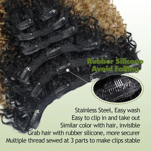 Vista 3 de Extensiones de cabello sintético con clip, extensiones de cabello sintético negro y rubio miel, extensiones de cabello rizado Jerry para mujeres