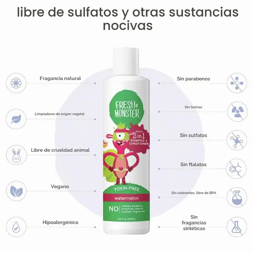 Vista 4 de Fresh Monster Champú y Acondicionador 2 en 1 para niños, Sandía