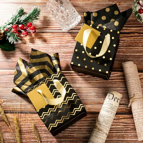 Vista 5 de Tenare - 24 pequeñas bolsas de regalo pequeñas de papel metálicas para fiestas, pequeñas con asas, papel de seda para joyas, envoltura de regalo