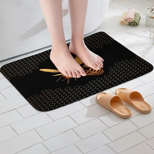 Vista 2 de Erosebridal Honey Bee - Alfombra de baño negra y dorada de 16 x 24 pulgadas, tapete de baño antideslizante con diseño geométrico de panal de abejas