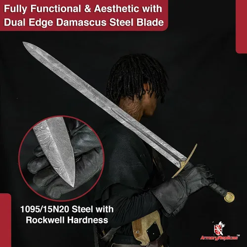 Vista 4 de s™ Viking Einherjar Espada de espiga completa - Hoja de acero de Damasco (400-520 capas) con mango envuelto en cuero, protector de latón y pomo
