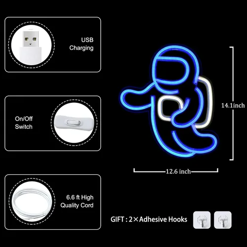 Vista 2 de Proyector de luz de neón de astronauta, letreros LED espaciales para decoración de pared de dormitorio, alimentado por USB con interruptor de 14.1 x