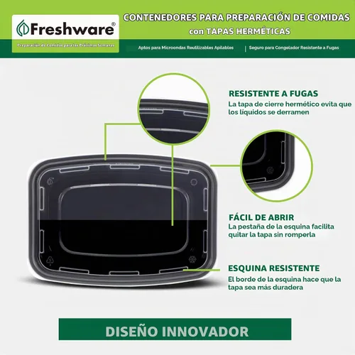 Vista 5 de Freshware - Recipientes para comida [50 unidades] con 1 compartimento y tapas, contenedores para almacenamiento de alimentos, caja Bento, sin BPA