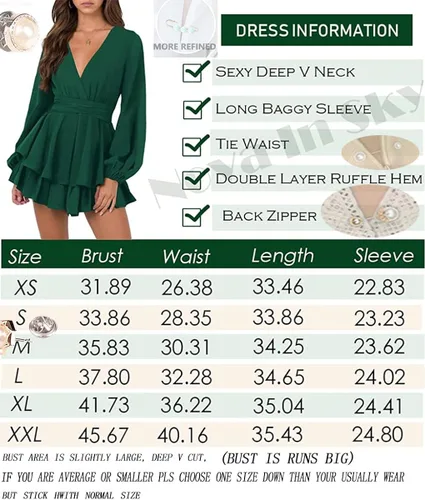 Vista 4 de Nova In Sky vestido corto y sexy con cuello en V para mujer, con mangas largas y holgadas, lazo en la cintura y dobladillo con volantes, vestido