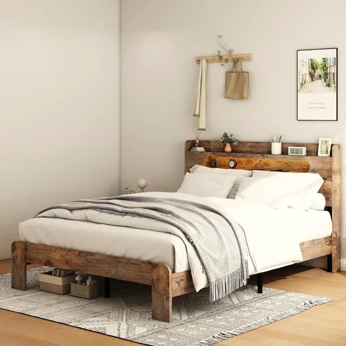 Vista 6 de Marco de cama tamaño completo de madera, cabecero con almacenamiento y estación de carga y luces LED, estructura robusta de granja rústica, fácil