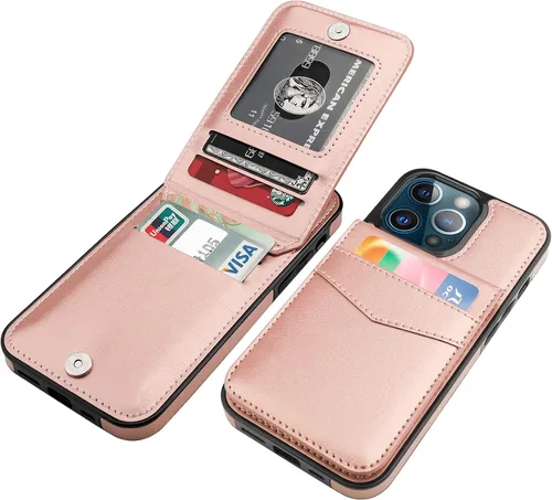 Vista 18 de KIHUWEY Funda tipo cartera para iPhone 13 Pro con soporte para tarjetas Negro