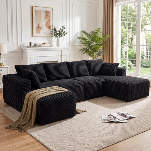 Vista 24 de Sofá modular en forma de L para sala de estar, sofá modular sin huesos con diván, sofá de pana con asiento profundo, no requiere montaje, negro