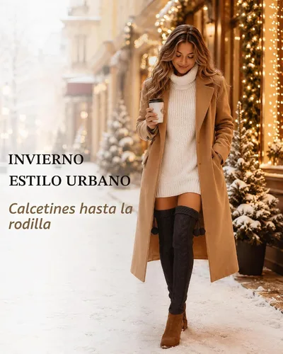 Vista 5 de Pcavin Thigh High Socks for Women, Long Cable Knit Over Knee Boot Stockings 0013 Estilo Negro