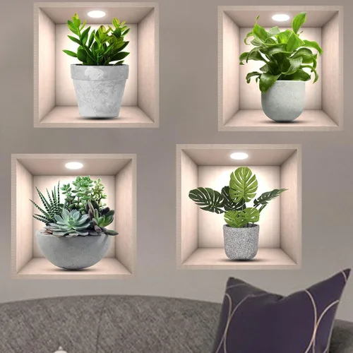 Vista 5 de Calcomanías creativas 3D de pared de plantas verdes, calcomanías de pared creativas para bricolaje, despegar y pegar, calcomanías adhesivas de pared