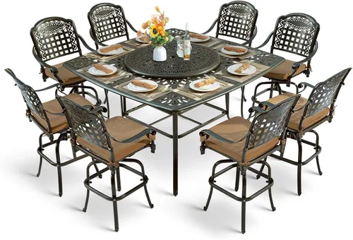 Vista 24 de Juego de barra para exteriores de 10 piezas, muebles de bar de aluminio fundido para todo tipo de clima con 8 taburetes de bar giratorios Bronce
