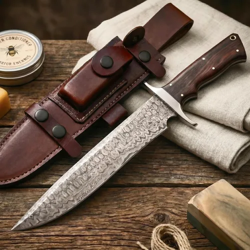 Vista 10 de BIGCAT ROAR Leopard Hunter - Cuchillo de caza hecho a mano de acero de Damasco de hoja fija de 12 pulgadas - Mango de madera de nogal y funda