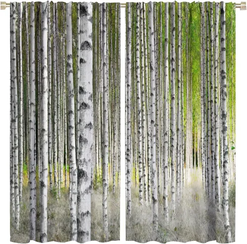 Vista 42 de Cortina opaca de bosque de verano, diseño de ramas de bosque, con bolsillo para barra, cortinas farbic con bolsillo para barra, comedor, cafetería