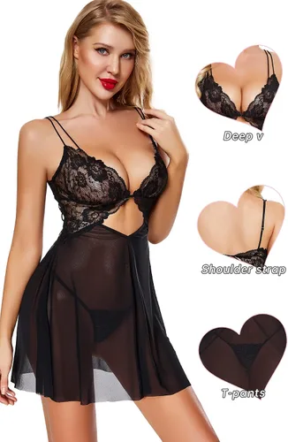 Vista 3 de ADSEXY Lencería transparente para mujer, babydoll de encaje sexy, floral, cuello en V, camisola de pestañas, vestido de negligee