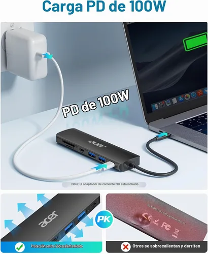 Vista 4 de Acer USB C Hub, Dock USB-C a HDMI 7 en 1, 2 USBA 3.1 GEN1 y puerto de datos Type-C de 5Gbps, puerto HDMI 4K, carga PD de 100W, lector de tarjetas