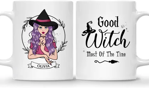 Vista 22 de Gossby Taza de café de bruja personalizada, regalo personalizado de Halloween para mujeres, hermana, mejor amiga, mamá, abuela con diseño, nombre