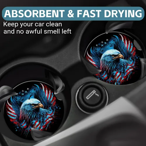 Vista 6 de Posavasos de coche con bandera del Águila Americana, posavasos para portavasos de coche, paquete de 2. Los posavasos antideslizantes absorbentes