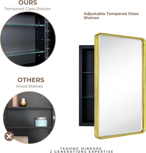 Vista 7 de TEHOME Gabinete de Medicina de Montaje en Superficie de 16x24 Pulgadas en Oro Cepillado para Baño con Espejo Gabinete de Medicina Cuadrado