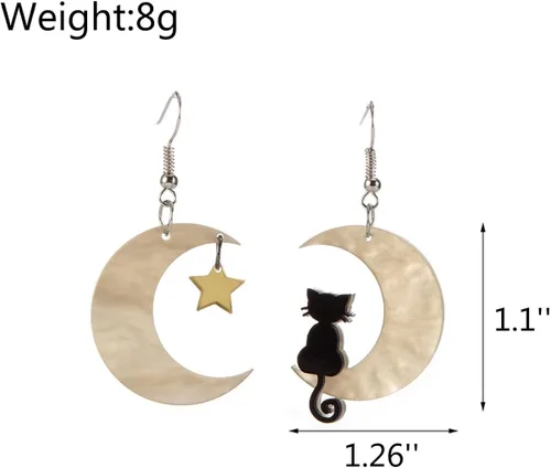 Vista 6 de Pendientes de acrílico con diseño de gato y luna ligeros divertidos y divertidos animales con estrella de cinco puntas para mujeres y niñas