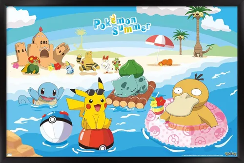 Vista 8 de Trends International Pokémon - Póster de pared de verano, 22.4 pulgadas de largo x 14.7 pulgadas, versión enmarcada en madera de granero