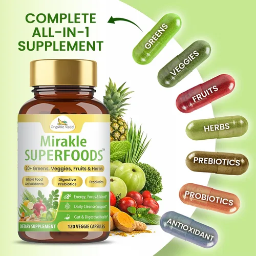 Vista 3 de Organic Veda Mirakle Superfoods - Cápsulas de verduras y verduras diarias con moringa, espirulina, clorella, cúrcuma y hierbas, antioxidantes