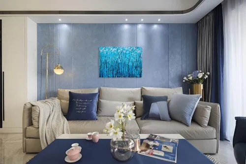 Vista 4 de SYGALLERIER Lienzo abstracto de árbol con pinturas texturizadas pintadas a mano en negro y azul con lámina plateada, imágenes modernas del bosque