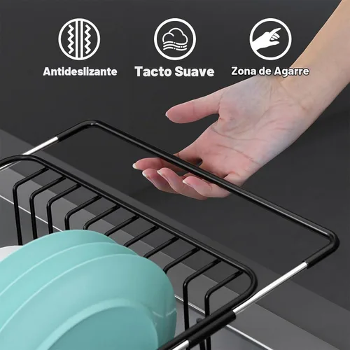 Vista 6 de Dish Drying Rack in Sink: Expandable, 3-Slot Utensil Holder, Anti-Slip Handle. Small Dish Rack: Ideal for Small Households. Kitchen Drying Rack Black