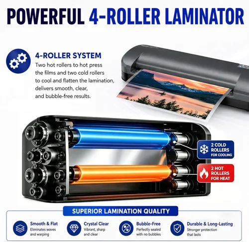 Vista 5 de SINCHI Laminador térmico de 13 pulgadas y aplicador de lámina, 3 a 10 mil, 4 rodillos, calentamiento de 55 segundos, 18 segundos/página, apagado