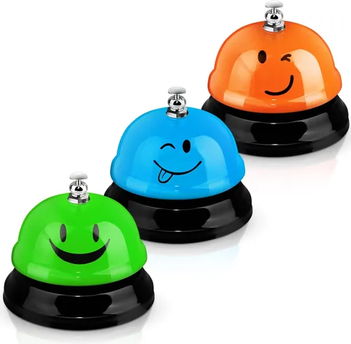 Vista 3 de Hotop Campanas de escritorio de 3 piezas para servicio, divertida recepción, sonriente, timbre de metal, timbre de llamada, para cocina, hotel