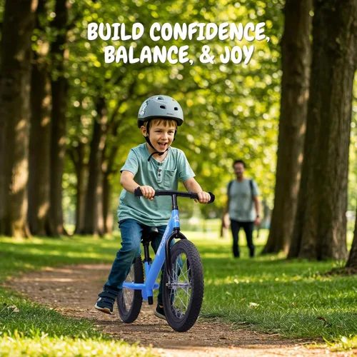 Vista 7 de Bicystar Bicicleta de equilibrio para niños de 16 pulgadas para niños de 5 a 8 años, sin pedales, neumáticos de aire, reposapiés, altura ajustable