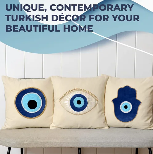 Vista 7 de WALBROOK Funda de almohada de mal de ojo bohemio Hamsa de 18 x 18 pulgadas, fundas de almohada decorativas, decoración de ojo azul, almohadas azules